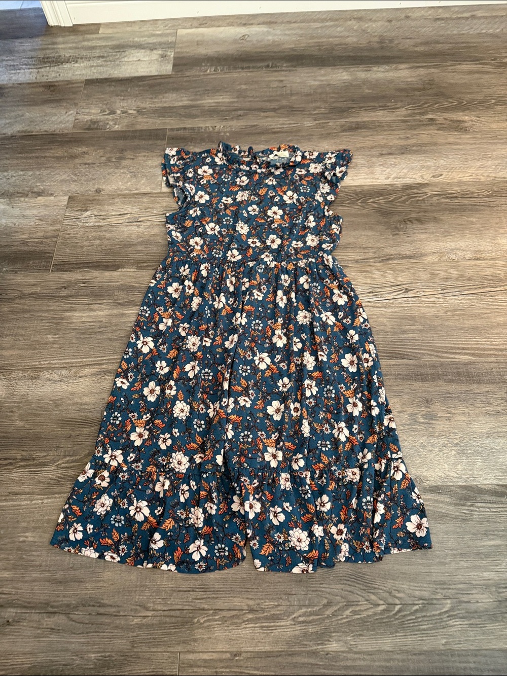 Monteau' Teal Floral Ruffle Sleeve Casual Dress